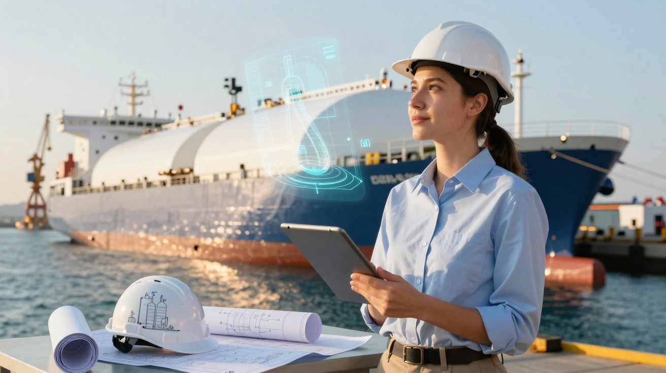 Engenheira naval com capacete e tablet inspeciona projeto de navio tanque no cais.