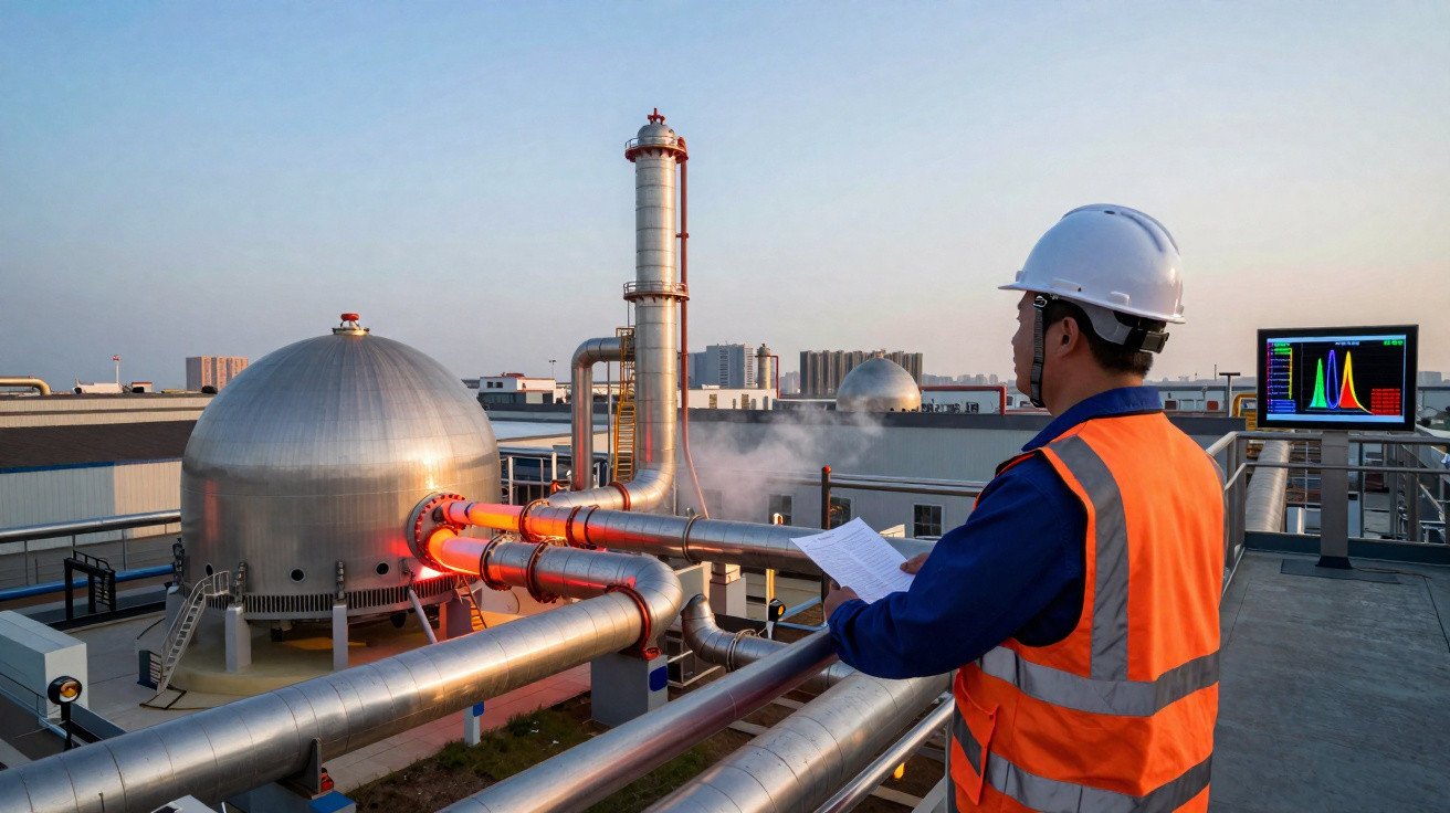 Engenheiro com capacete e colete avaliando tubulações metálicas em planta industrial ao entardecer.