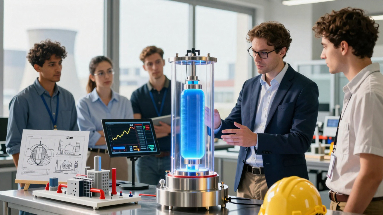 Equipe de jovens engenheiros analisando protótipo de equipamento tecnológico em laboratório moderno.