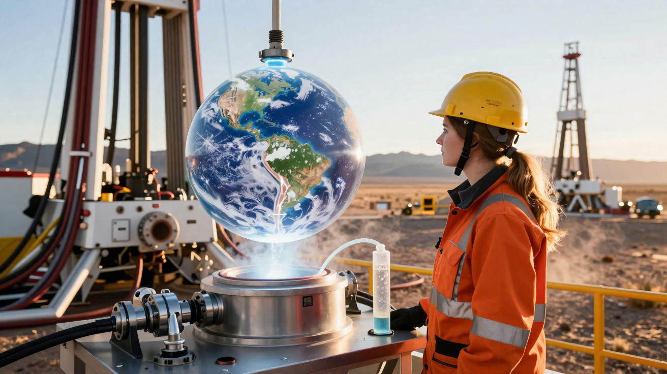 Mulher com capacete e uniforme laranja observa globo terrestre holográfico em estúdio industrial ao ar livre.