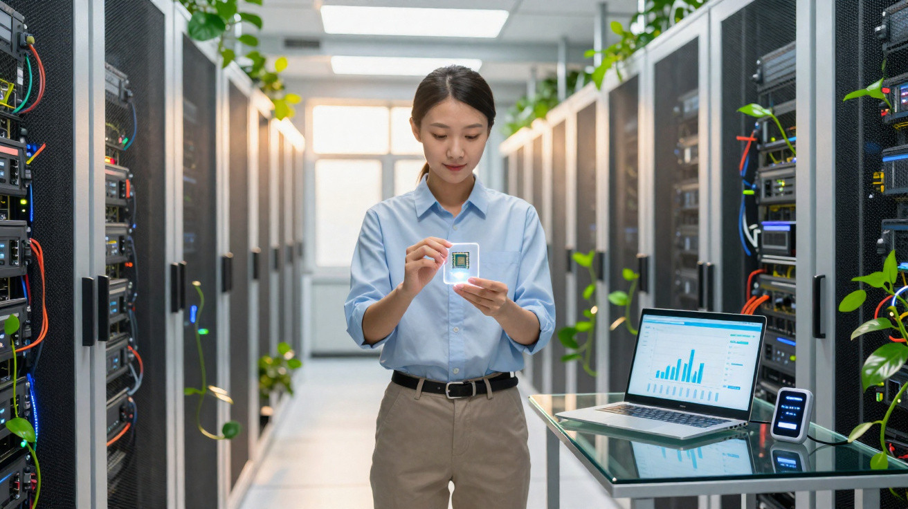 Mulher em datacenter segurando chip de computador, com laptop aberto mostrando gráficos ao lado.