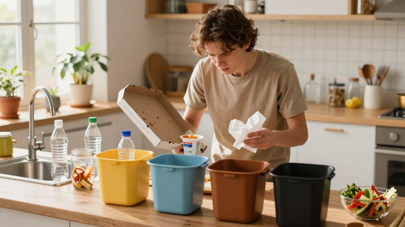 Jovem separa lixo para reciclagem em lixeiras coloridas na cozinha organizada e iluminada.