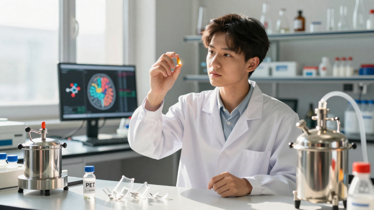 Cientista em laboratório analisando cápsula amarela com equipamentos e tela mostrando imagem cerebral ao fundo.