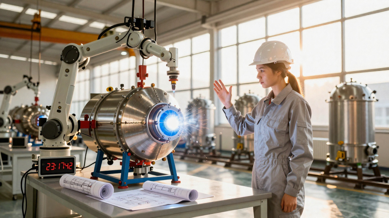 Mulher com capacete branco operando robô industrial de alta tecnologia em laboratório moderno.