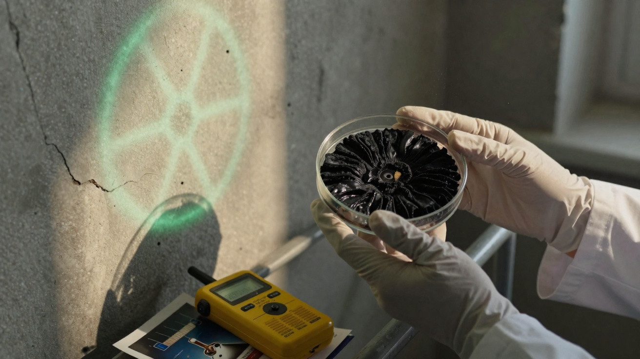 Mãos com luvas seguram placa de Petri com fungo preto em laboratório com equipamentos próximos.