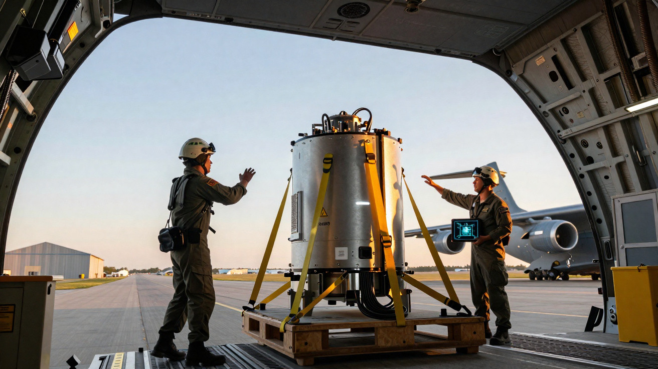Dois militares manipulam equipamento metálico grande dentro da área de carga de avião militar.