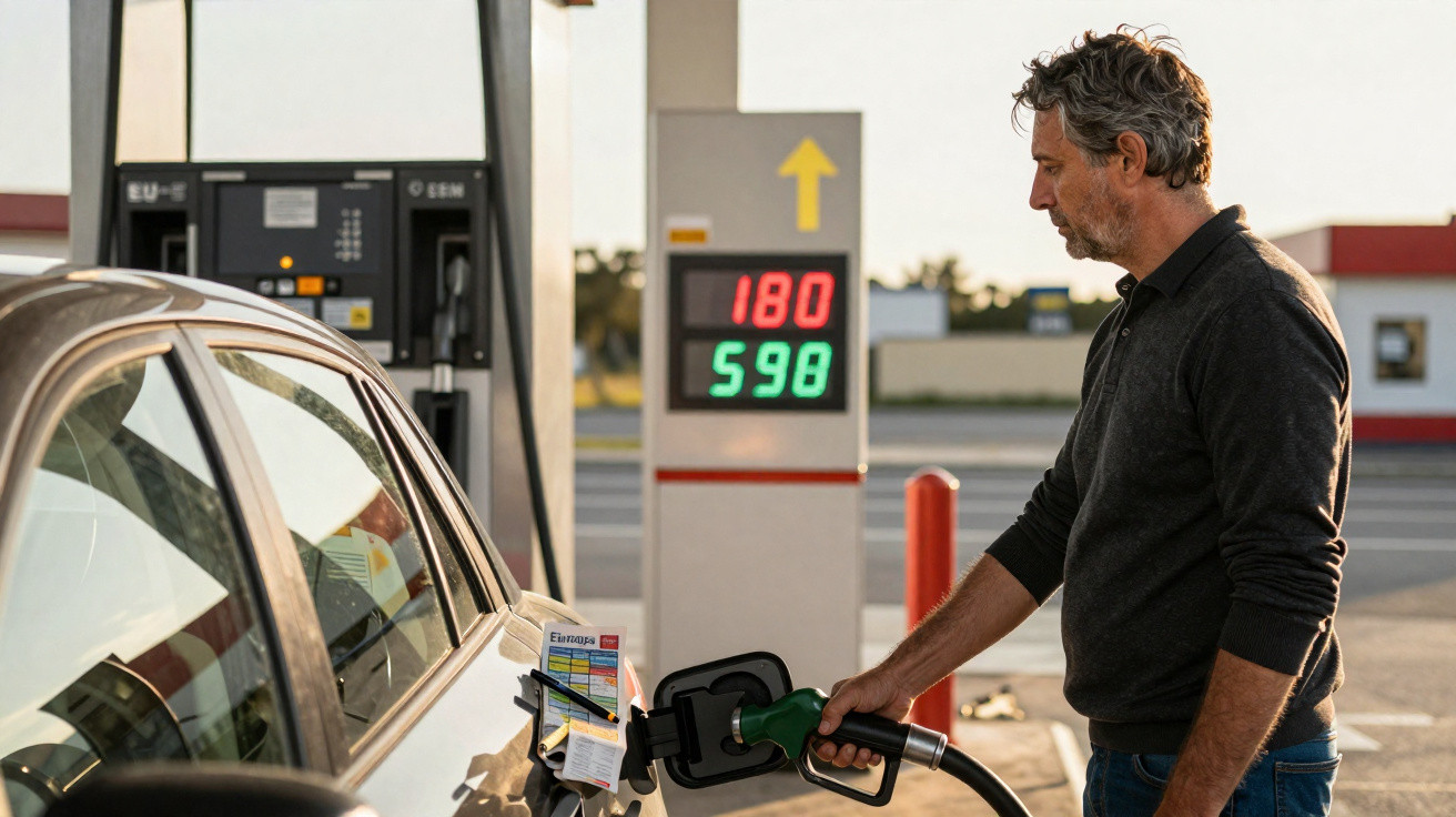 Homem abastecendo carro em posto de gasolina com painel eletrônico ao fundo.