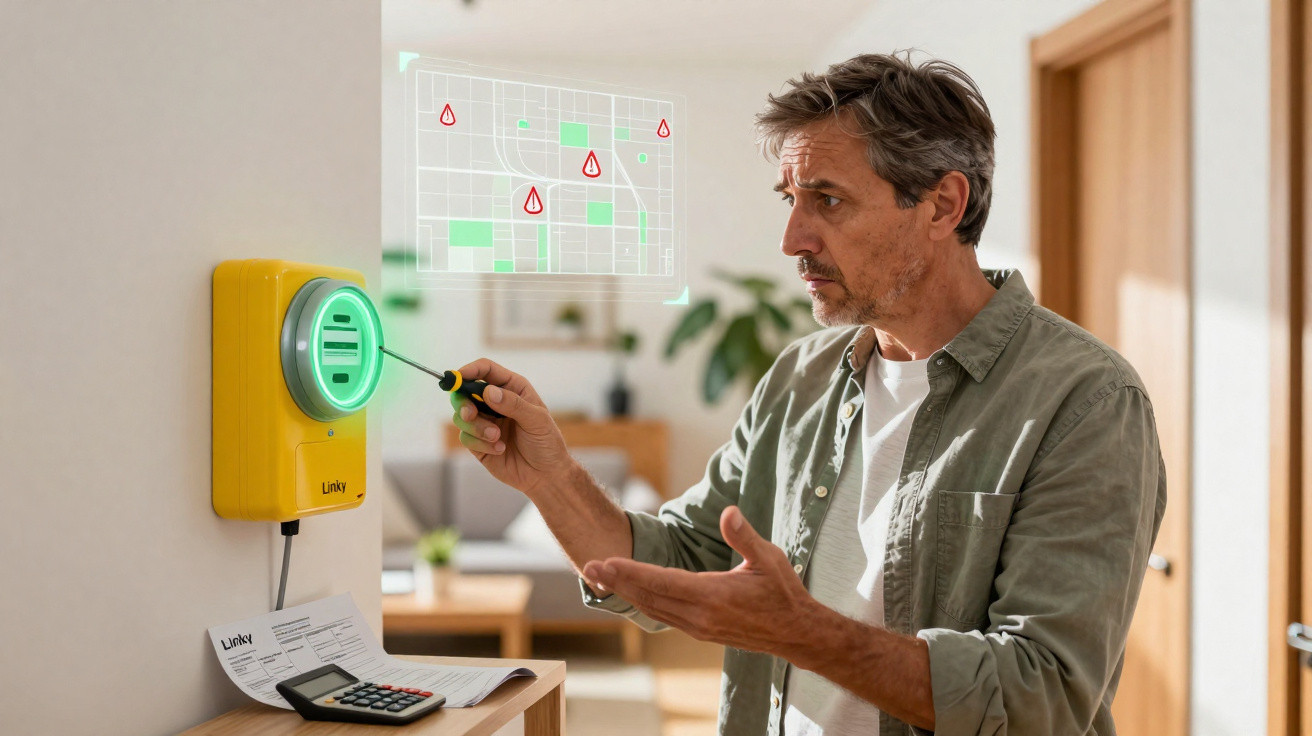 Homem consertando dispositivo amarelo na parede com mapa digital holográfico à frente em sala de estar.