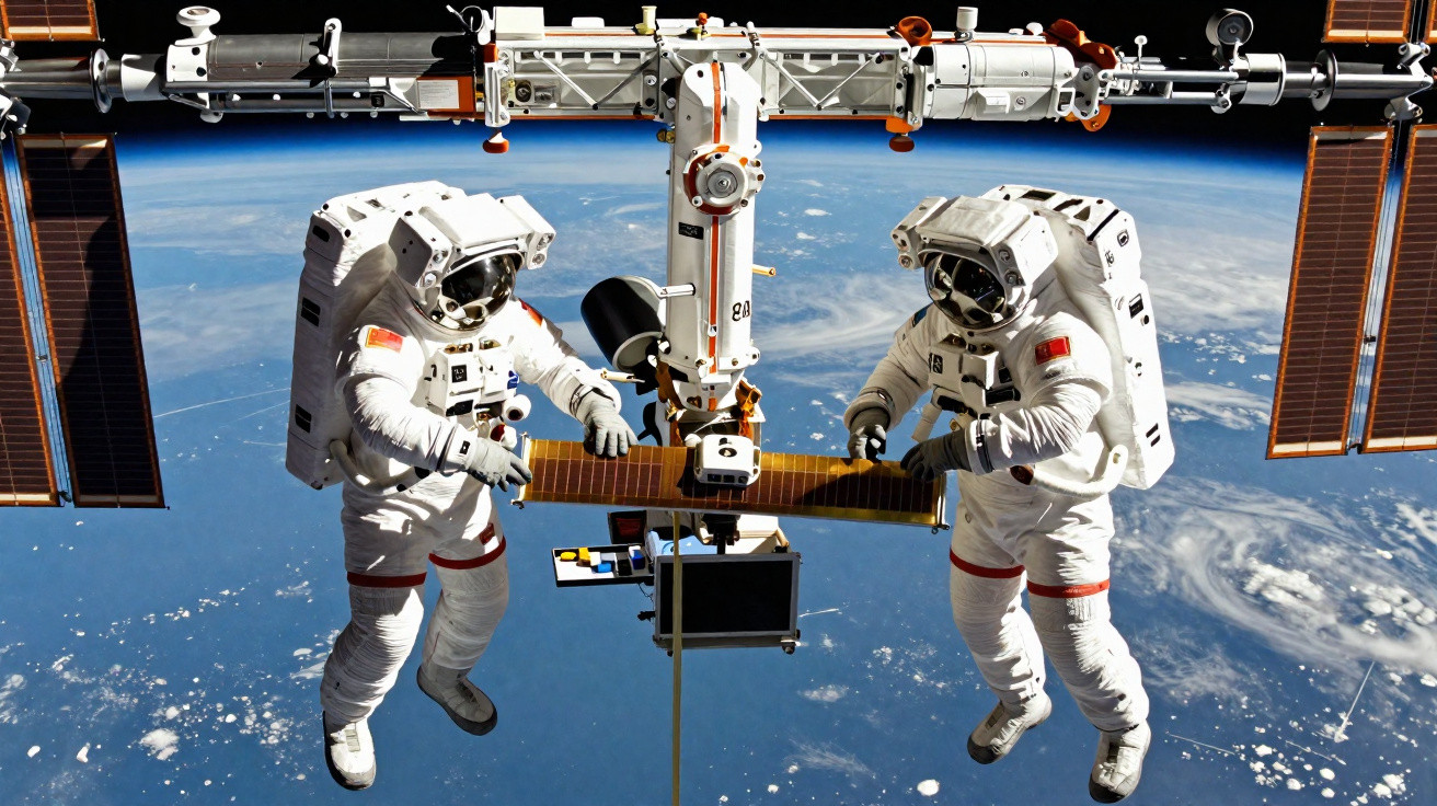 Dois astronautas realizando manutenção na Estação Espacial Internacional com a Terra ao fundo.