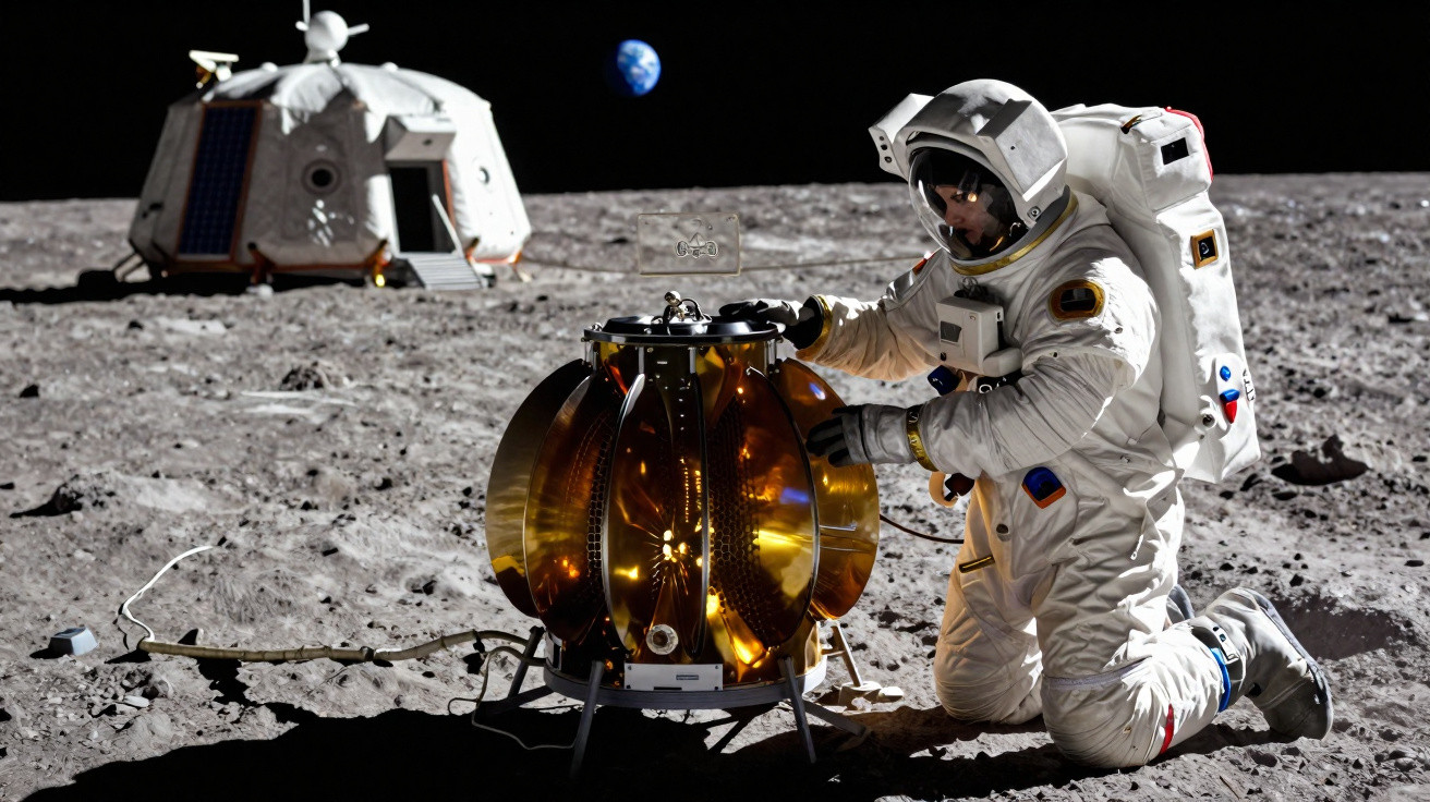 Astronauta em traje espacial operando equipamento dourado na superfície lunar com Terra ao fundo.