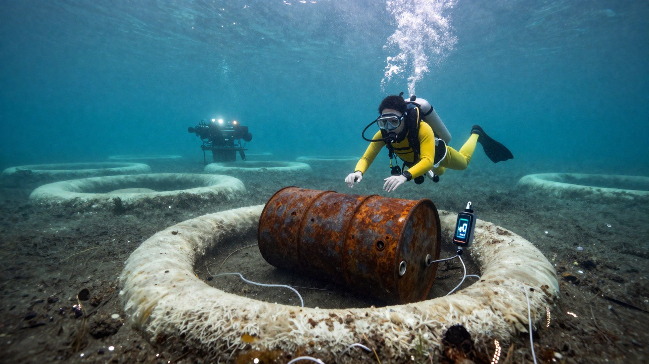 Mergulhador amadora inspeciona tambor enferrujado no fundo do mar perto de equipamento subaquático.