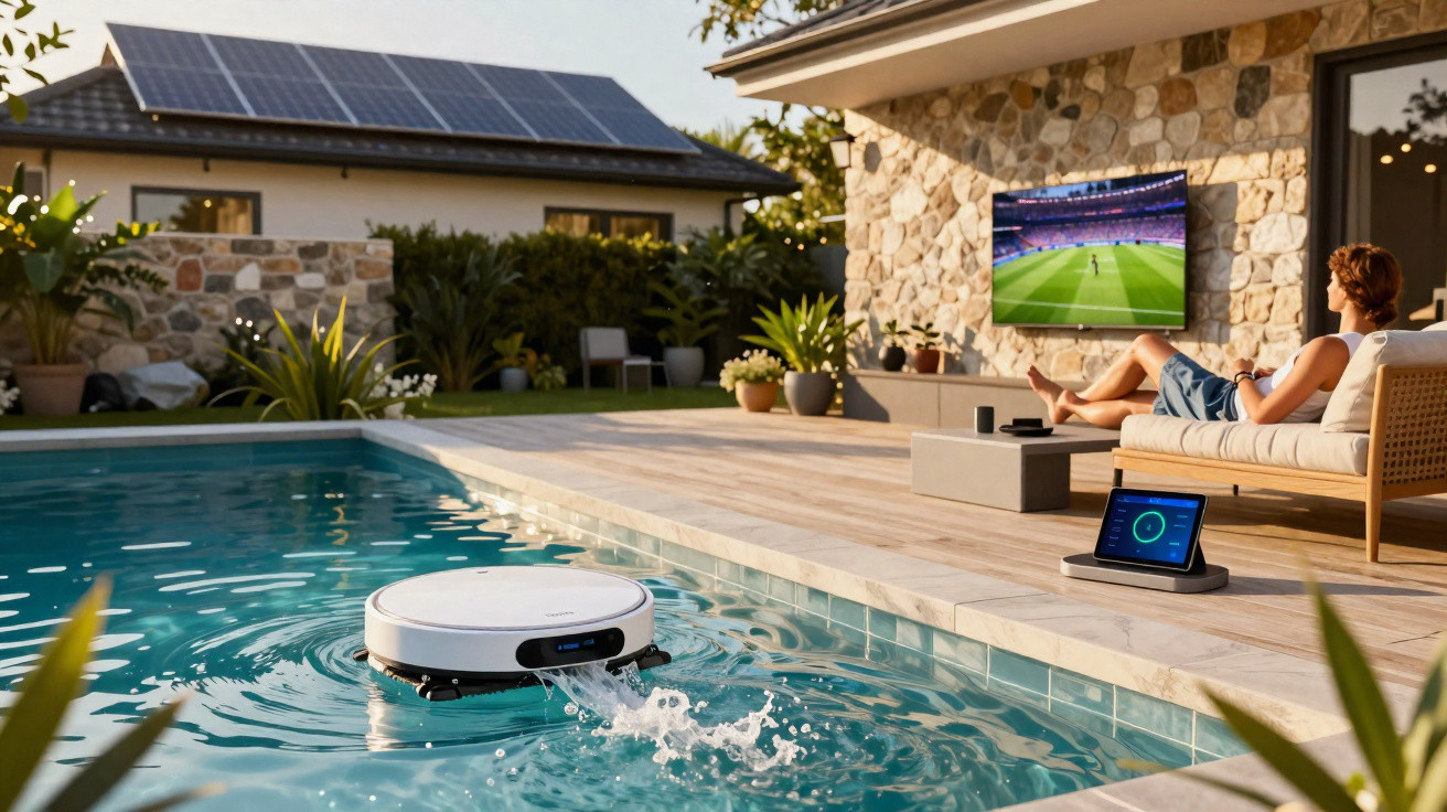 Robô limpador de piscina em funcionamento, homem relaxando e vendo jogo de futebol em TV na área externa.