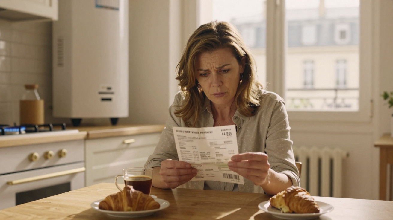 Mulher com expressão preocupada lendo conta na cozinha, com café e croissants na mesa.