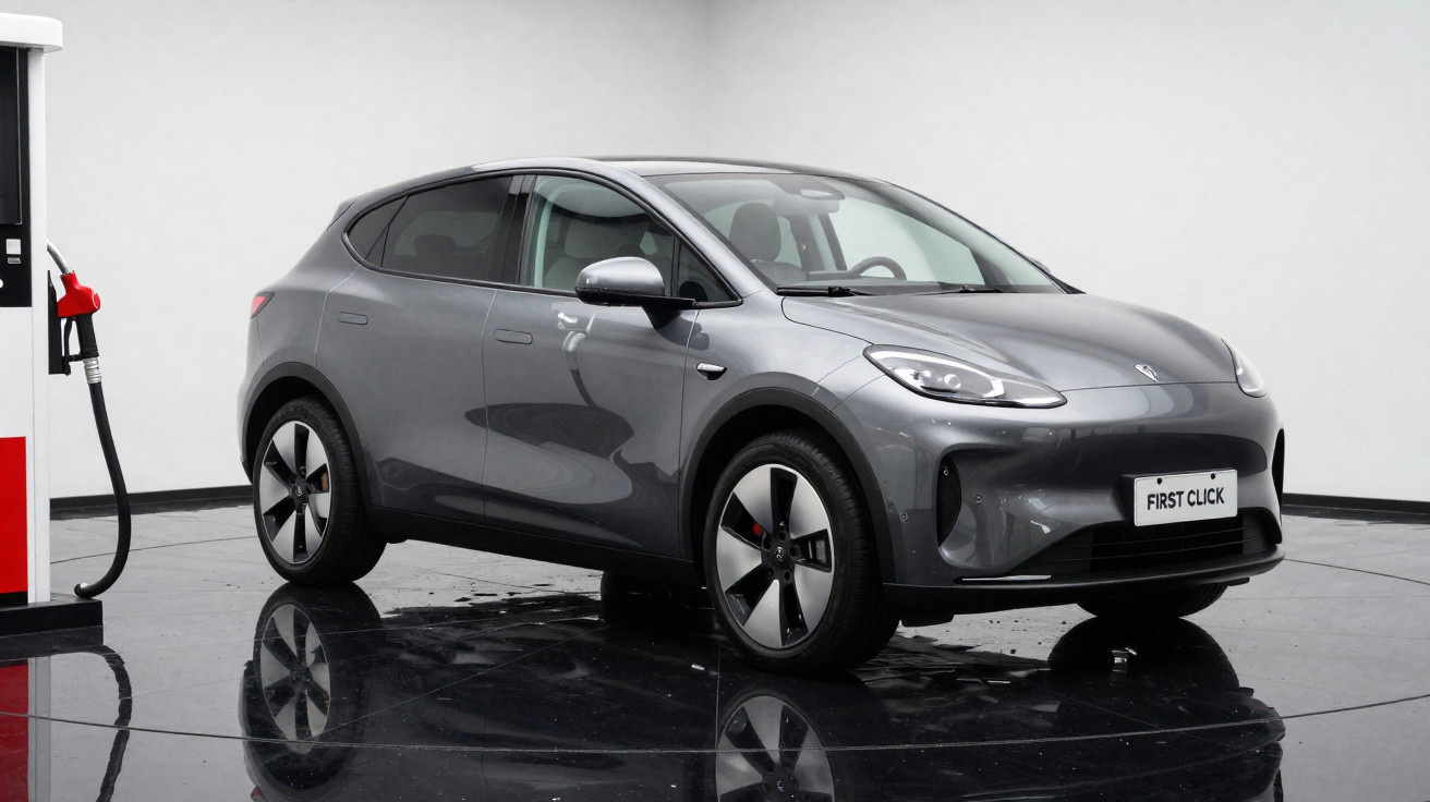 Carro elétrico cinza estacionado em ambiente interno com piso preto refletivo ao lado de bomba de carregamento.