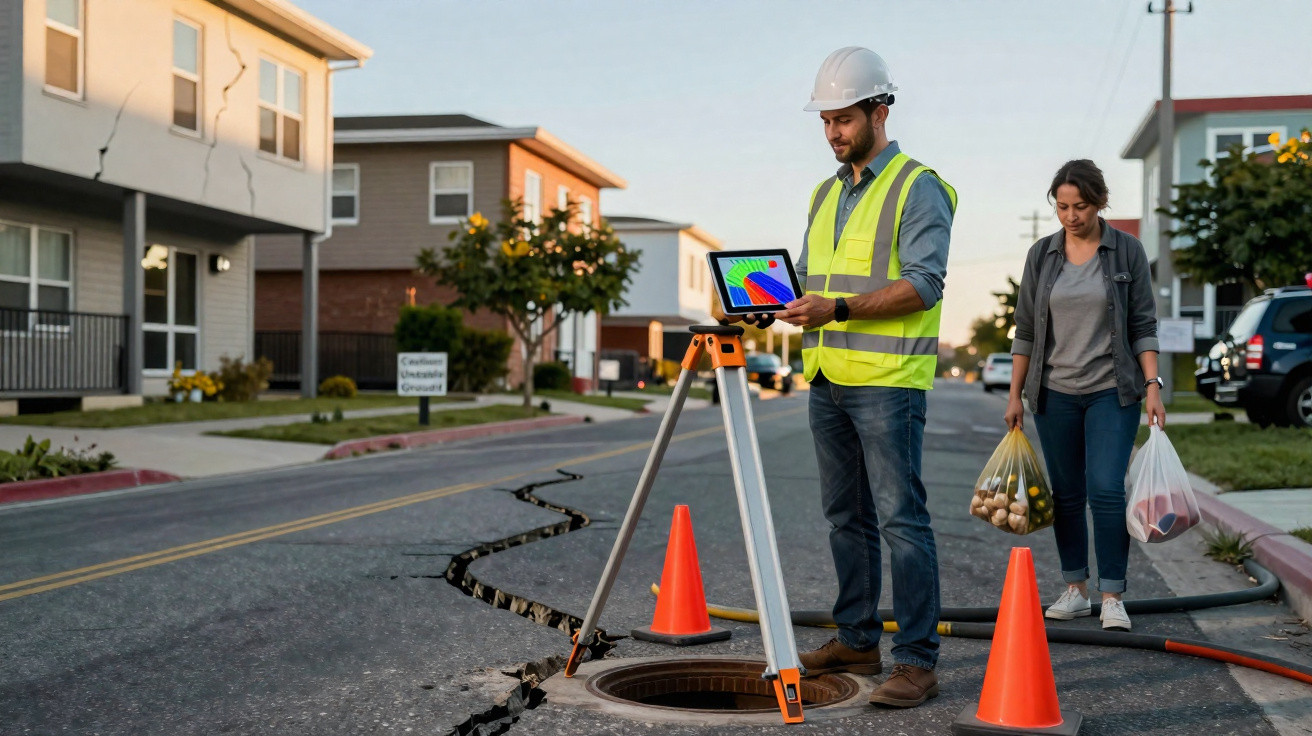 Engenheiro com colete e capacete opera equipamento em rua rachada enquanto pedestre observa próximo a cone de sinalização.