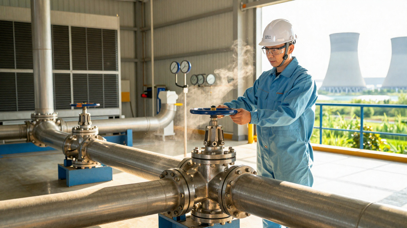 Técnico com capacete ajusta válvula em tubulação metálica industrial com vapor, ao ar livre.