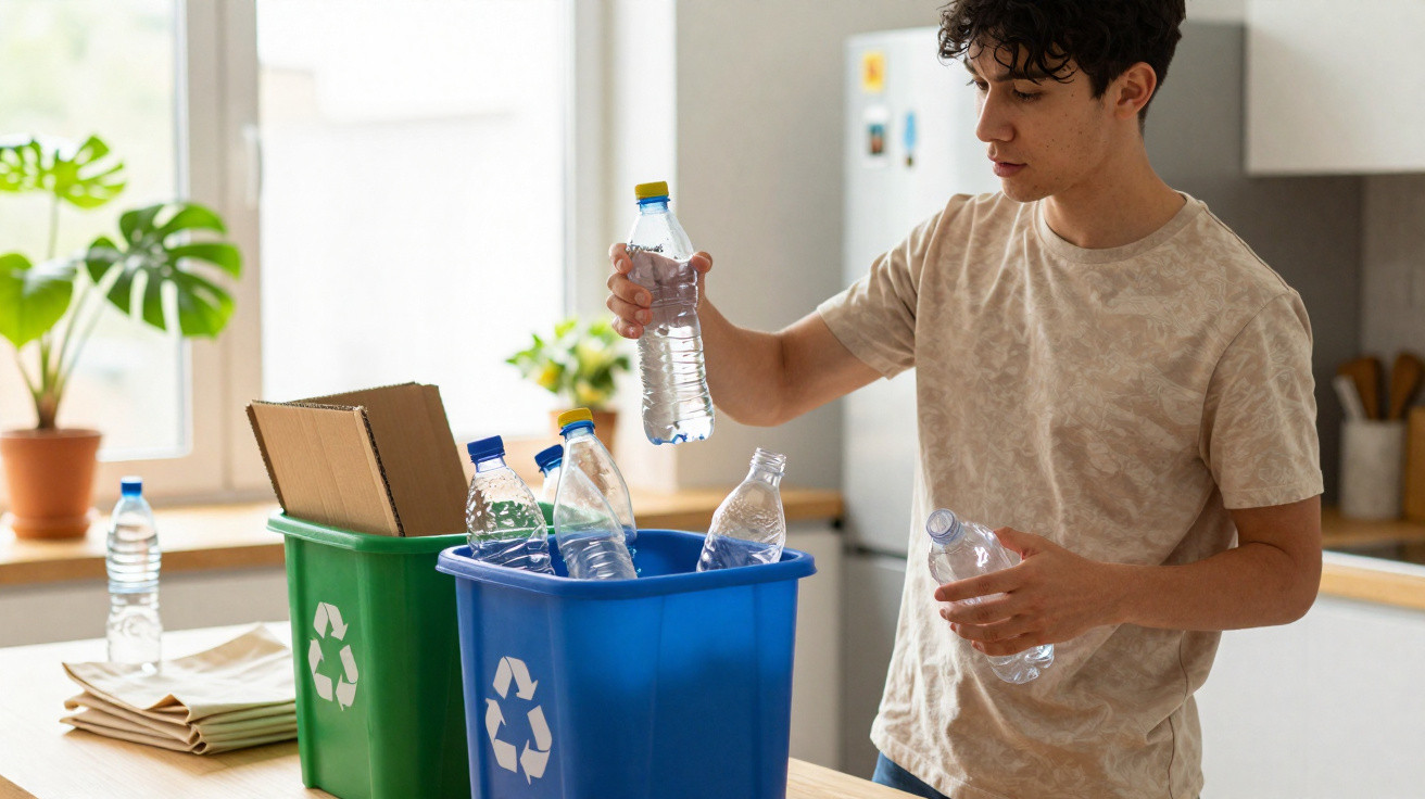 Jovem separa garrafas plásticas para reciclagem em cestos azul e verde na cozinha bem iluminada.
