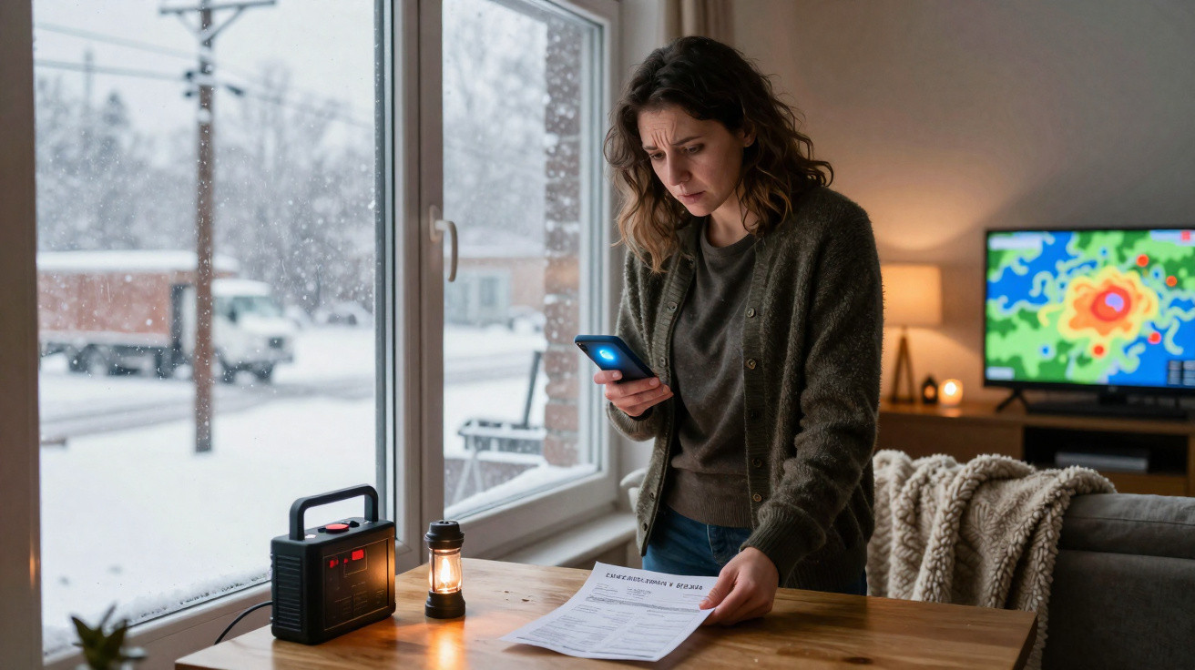 Mulher preocupada na sala com documentos, celular, velas e rádio, neve vista pela janela ao fundo.