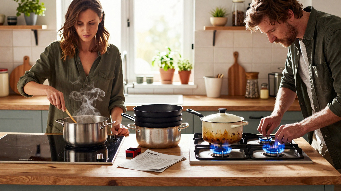 Casal cozinhando junto em cozinha moderna com panelas no fogão e bancada de madeira.