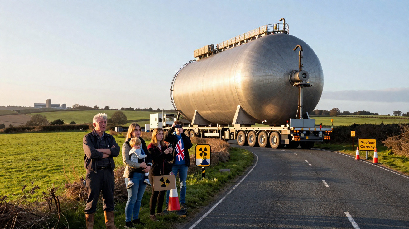 Grupo de pessoas observando caminhão transportando tanque grande em estrada rural com placas de comboio nuclear.