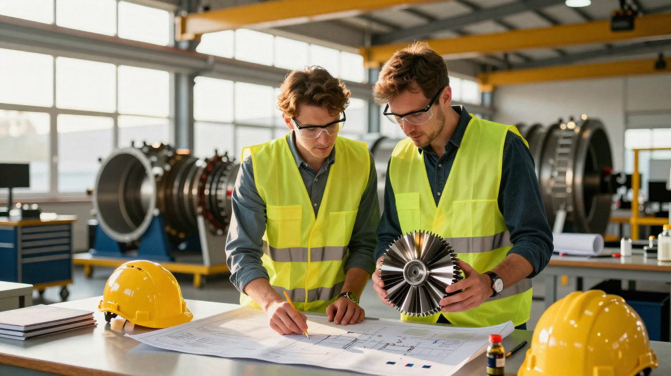 Dois engenheiros com coletes de segurança analisando projeto técnico em escritório industrial.