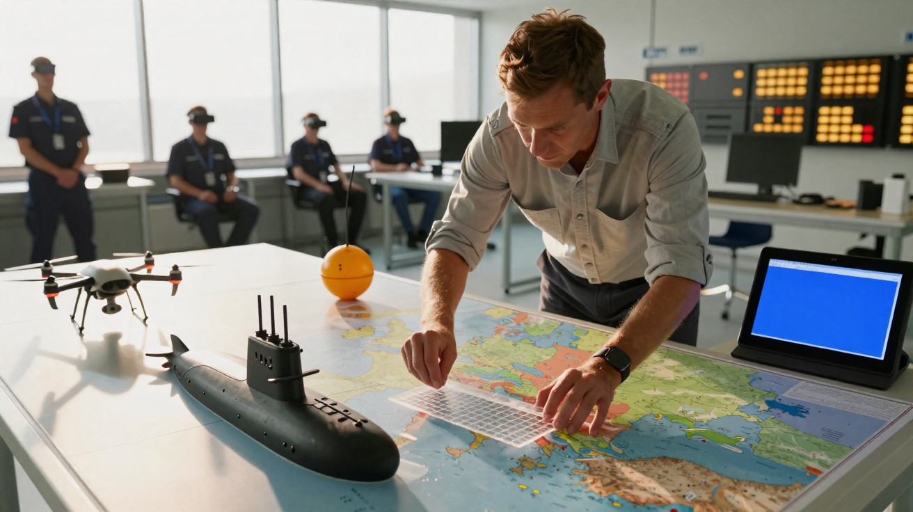 Homem analisando mapa com modelo de submarino e drone, militares ao fundo em sala de comando.