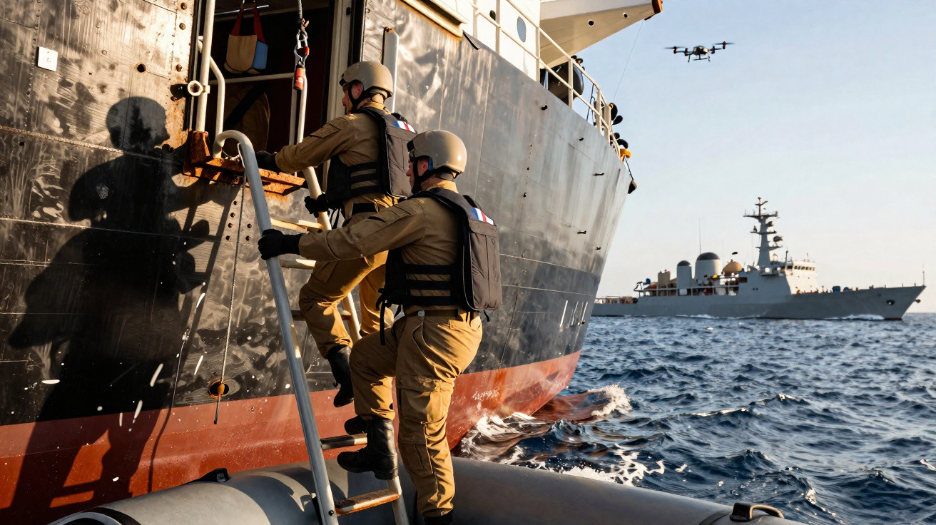 Militar sobe em escada de navio com drone voando próximo e navio naval ao fundo no mar.