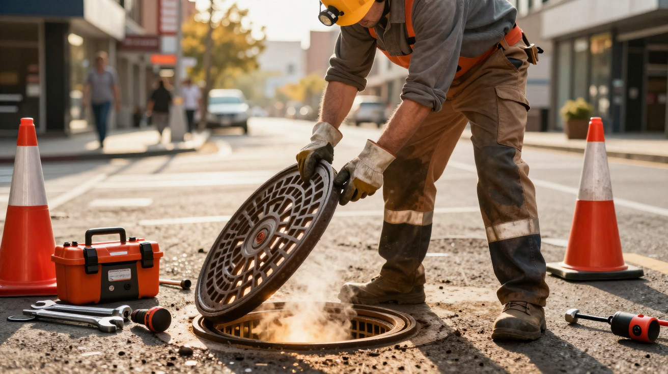 Trabalhador abrindo bueiro em rua urbana com cones de sinalização e equipamentos ao redor.