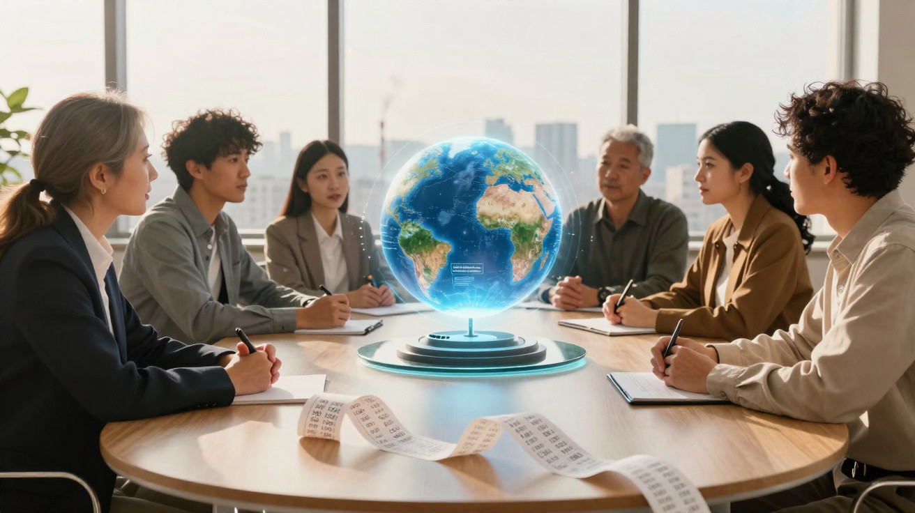 Pessoas diversas em reunião ao redor de mesa com globo terrestre holográfico flutuante no centro.