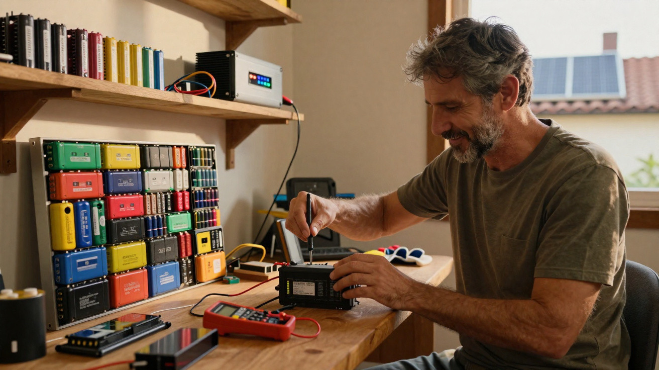 Homem trabalhando com equipamentos eletrônicos em bancada de madeira próxima a janela com luz natural.