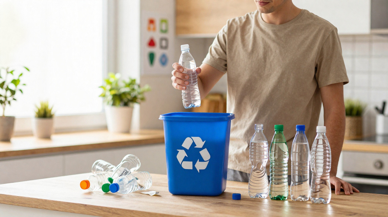 Pessoa reciclando garrafas plásticas em lixeira azul com símbolo de reciclagem em cozinha iluminada.