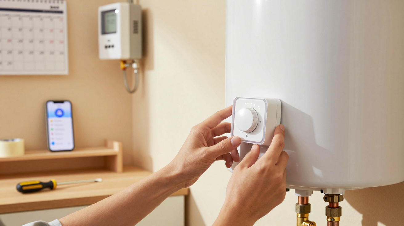 Mãos ajustando termostato em aquecedor de água branco, com ambiente interno desfocado ao fundo.