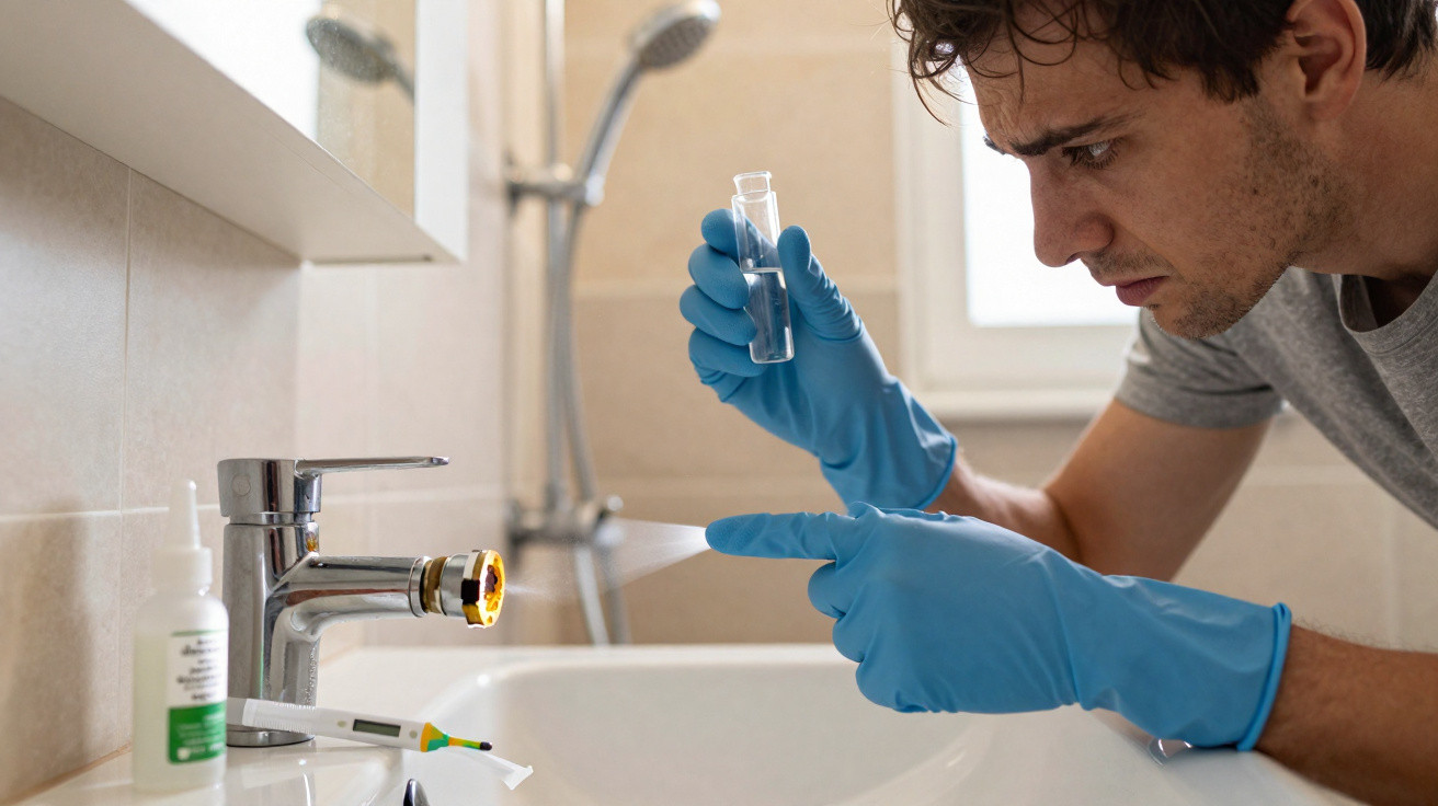 Homem com luvas azuis testa qualidade da água da torneira no banheiro com frasco transparente e lanterna.