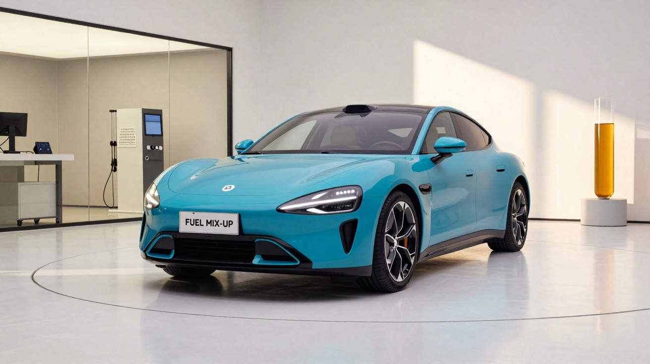 Carro esportivo elétrico azul exibido em showroom moderno com iluminação natural.