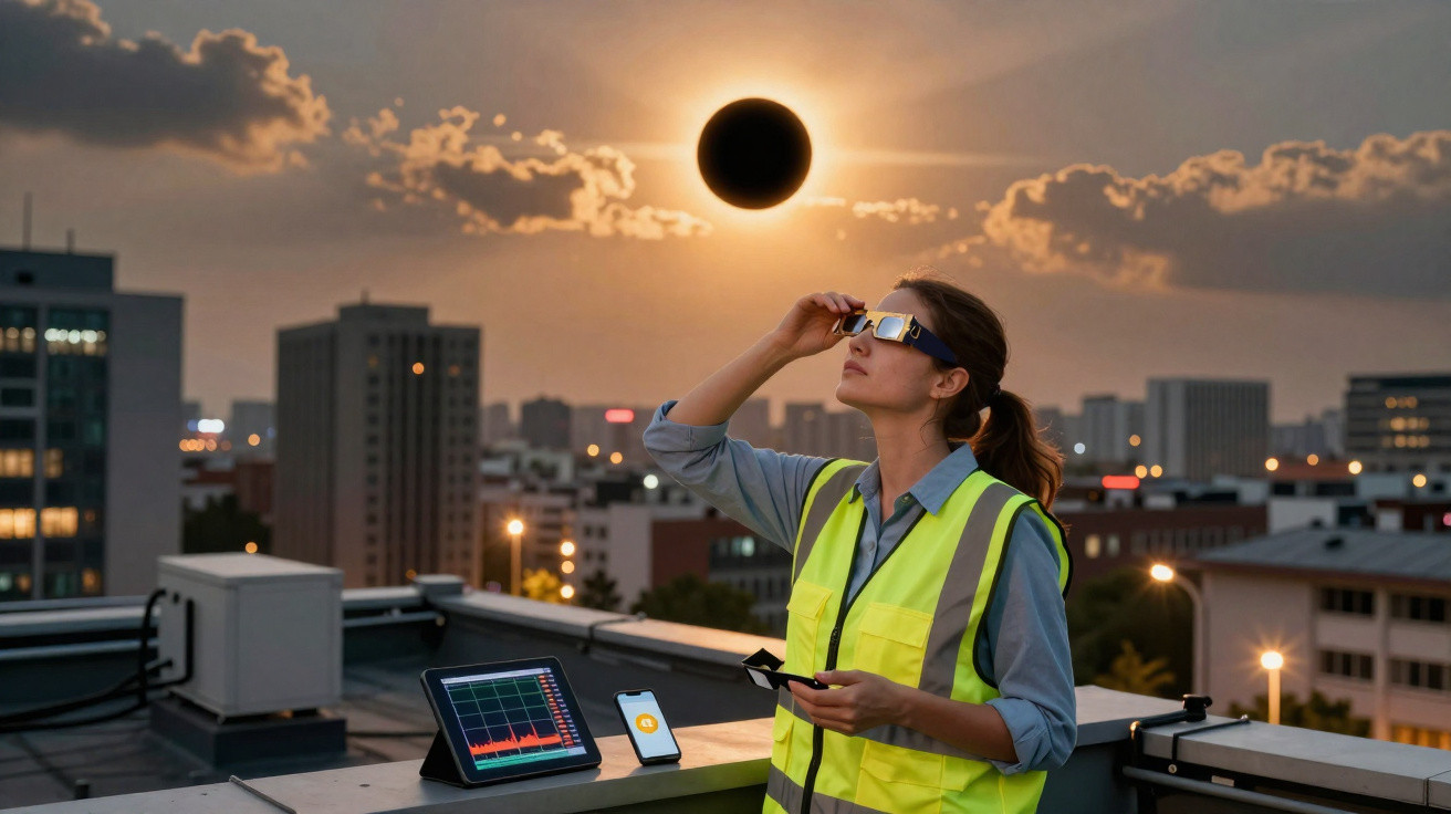 Mulher com colete de segurança observa eclipse solar com óculos especiais no terraço de prédio urbano ao entardecer.