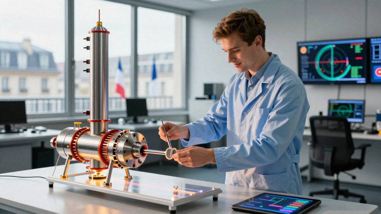 Cientista em laboratório ajusta equipamento de análise com gráficos em monitores ao fundo.