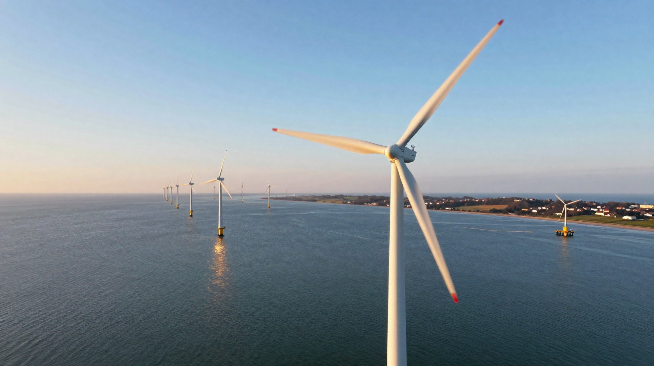 Parque eólico offshore com turbinas instaladas no mar próximo à costa sob céu claro ao entardecer.