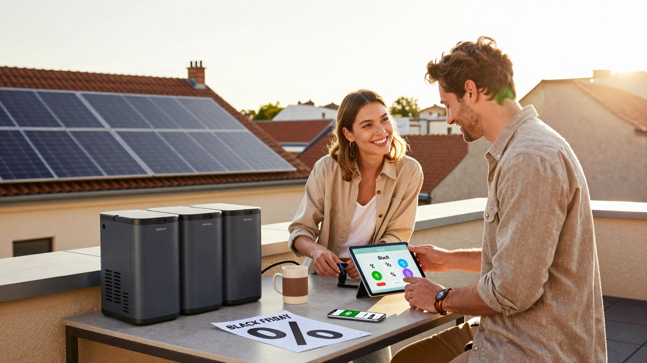 Casal jovem verifica sistema de energia solar com bateria portátil em varanda com painéis solares ao fundo.