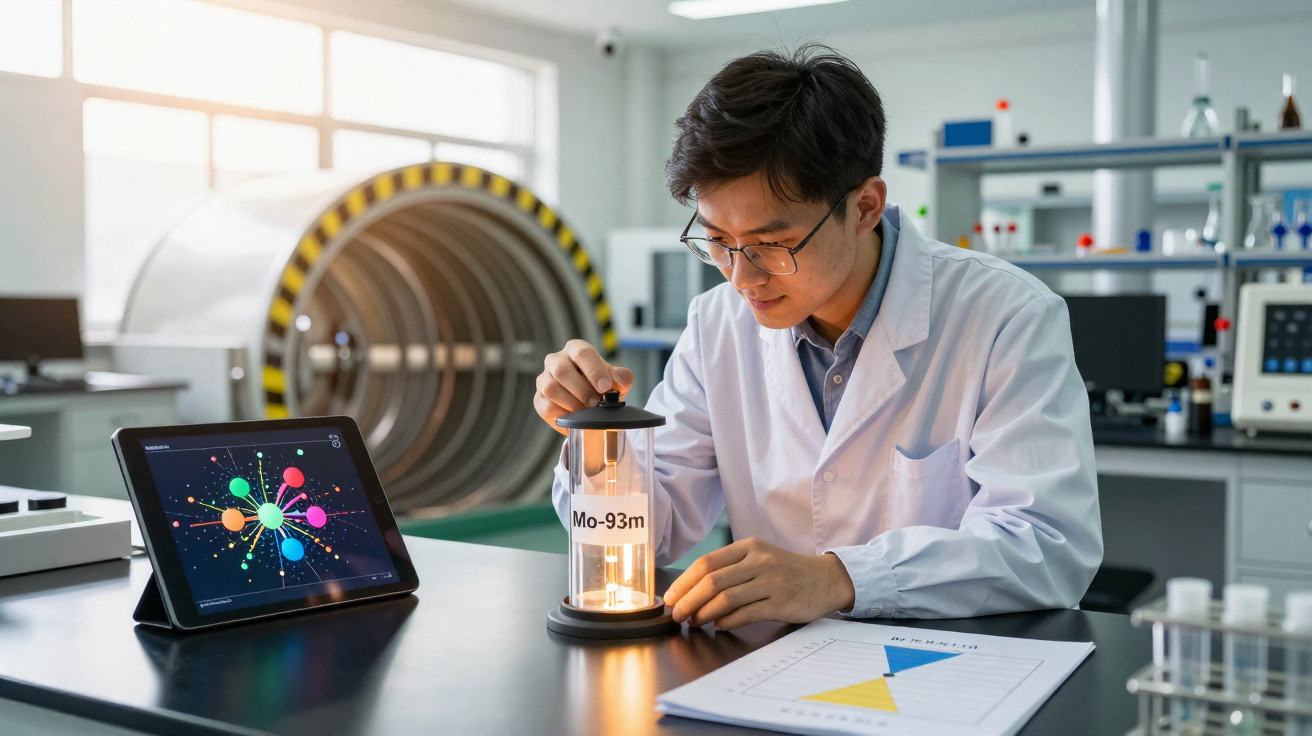 Cientista em laboratório manipulando frasco marcado Mo-93m com tomografia ao fundo e tablet ao lado.