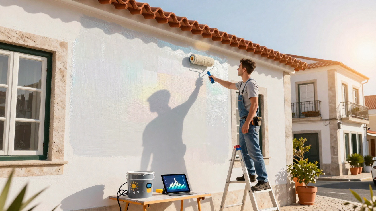 Homem pintando parede externa branca de casa usando rolo, em dia ensolarado, com escada e balde de tinta ao lado.