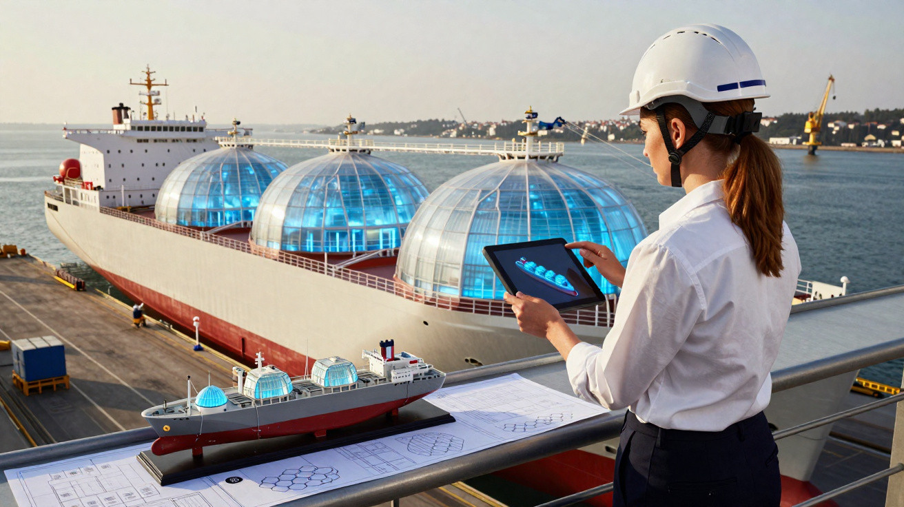 Mulher engenheira com capacete branco analisando modelo 3D de navio com esboços e modelo em miniatura no porto.