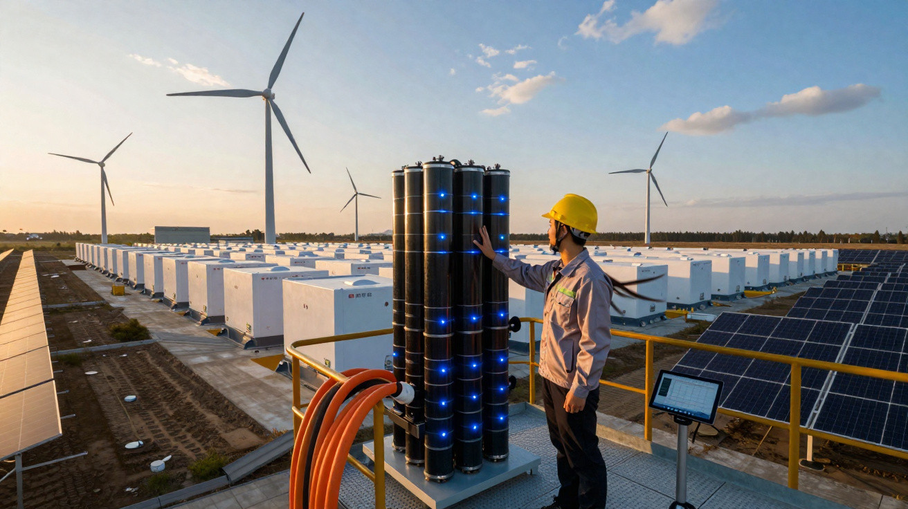 Mulher técnica com capacete analisa baterias em usina com painéis solares e turbinas eólicas ao pôr do sol.
