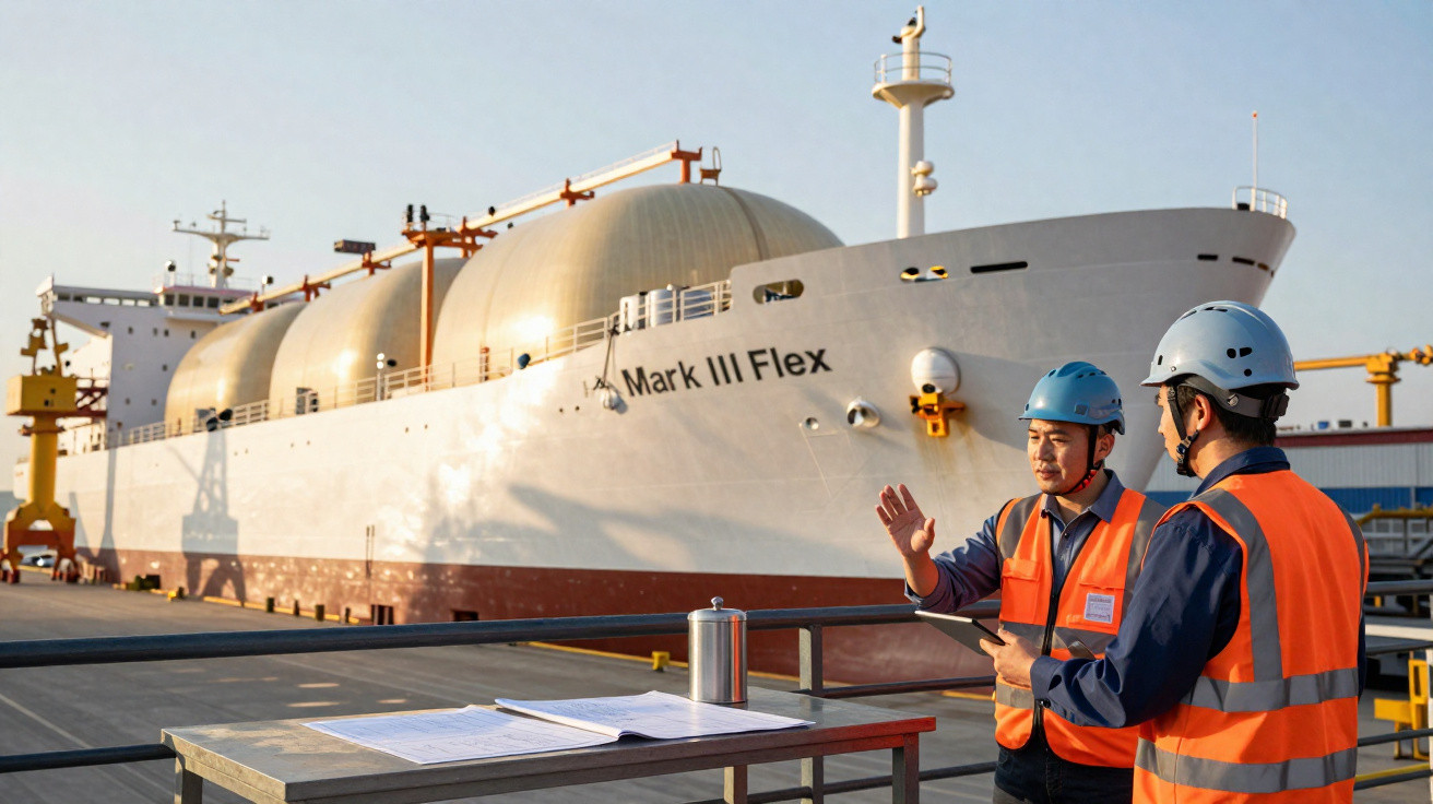 Dois trabalhadores usando capacetes e coletes refletores discutem planos diante de navio cargueiro no porto.
