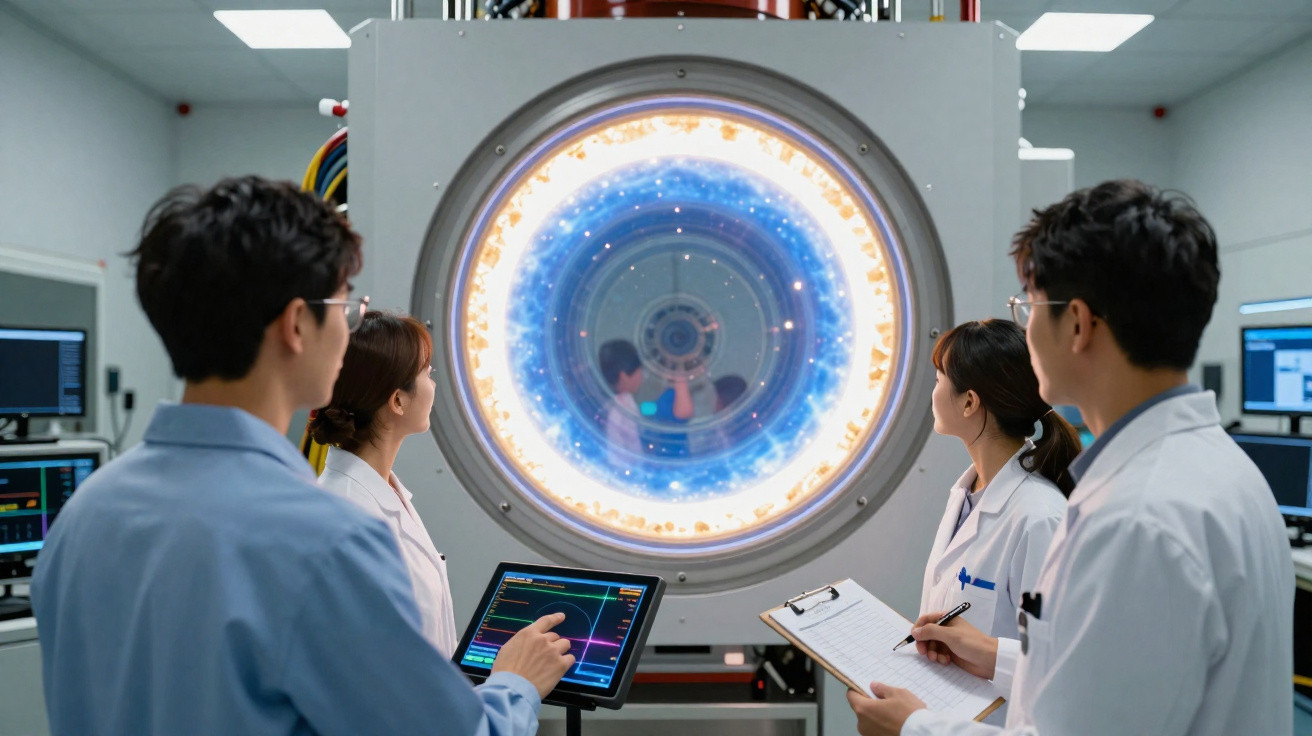 Equipe de cientistas em laboratório observando máquina com display de luzes azuis circulares brilhantes.