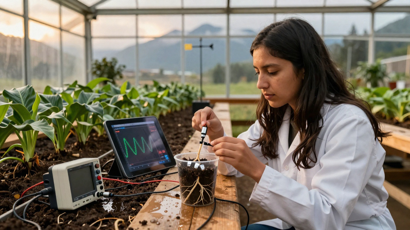 Mulher cientista em laboratório analisando planta com sensores em estufa com plantas e tablet ao lado.