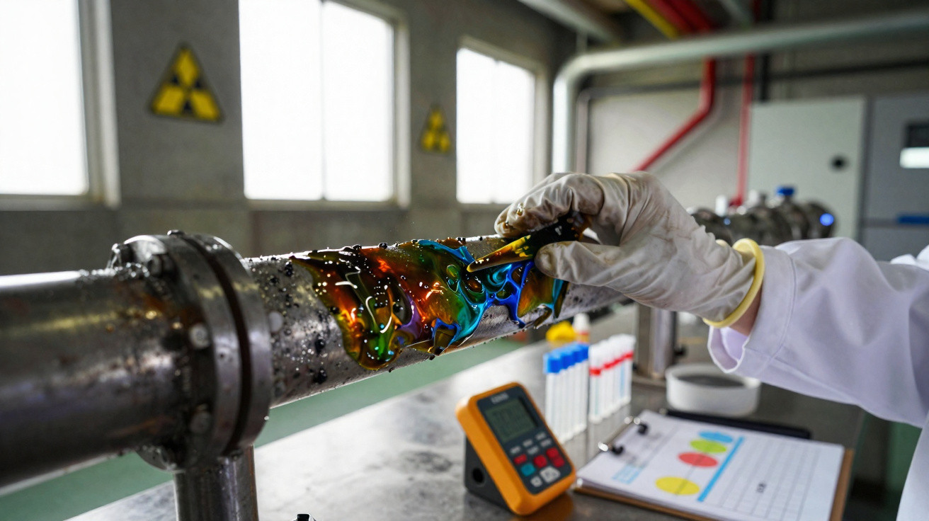 Mãos com luvas seguram filme colorido sobre tubo metálico em laboratório com equipamentos de medição.