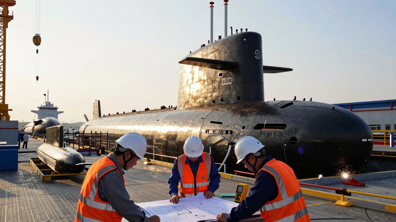 Dois trabalhadores com capacetes e coletes laranja revisam plantas ao lado de submarino preto em doca seca.