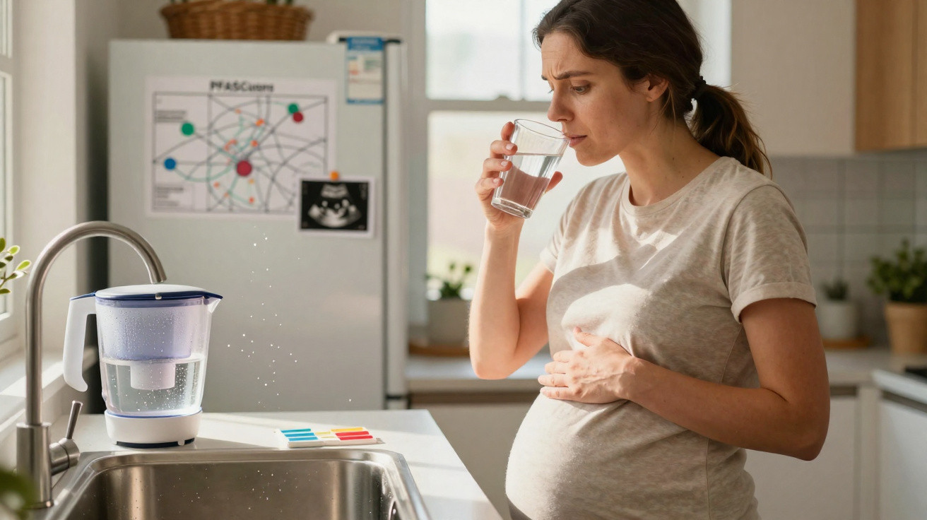 Mulher grávida com expressão preocupada segurando a barriga e bebendo água na cozinha.
