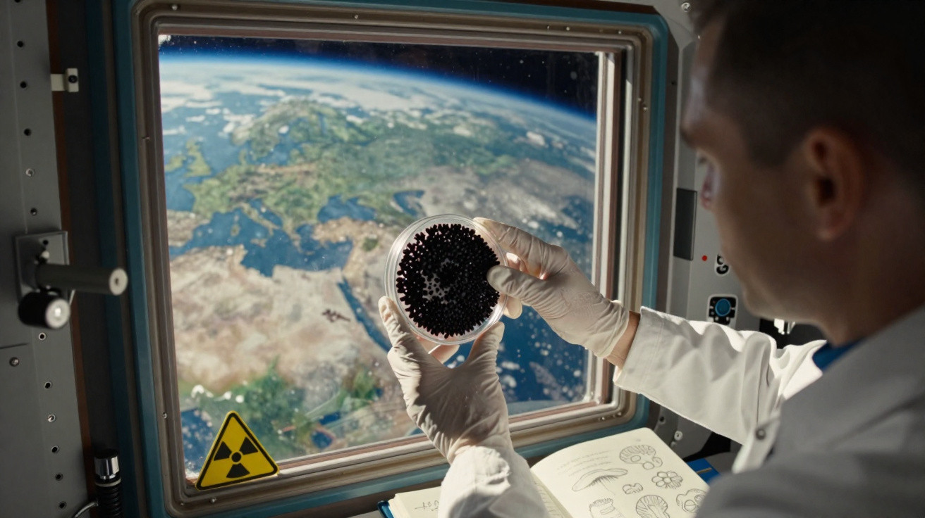 Cientista em estação espacial segurando placa de Petri com amostras, janela mostra planeta Terra vista do espaço.
