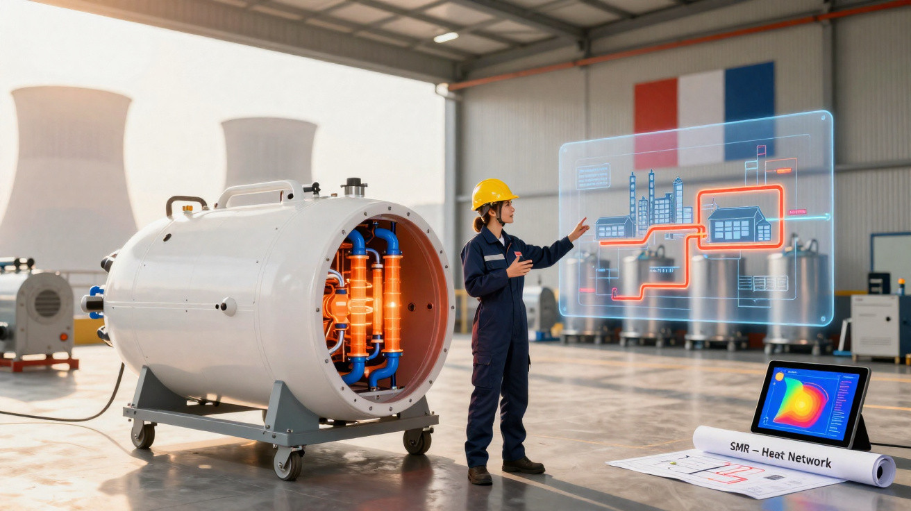 Engenheira em capacete amarelo apresenta modelo de reator nuclear em laboratório industrial moderno.